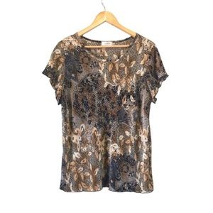 2X Dressbarn Lettuce Trim Tan Abstract Print Top